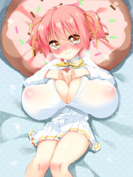 Rule 34 | 1girl, bed sheet, blush, bow, bowtie, grabbing another&#039;s breast, breasts, cleavage, closed mouth, collared shirt, covered erect nipples, doughnut-shaped pillow, feet out of frame, gigantic breasts, grabbing, hair ribbon, hands on own chest, heavy breathing, highres, huge breasts, impossible clothes, impossible shirt, knees together feet apart, looking at viewer, lying, nipples, on back, open clothes, open shirt, oppai loli, original, paizuri invitation, pedocchi, pillow, pink hair, pleated skirt, polka dot, polka dot bow, presenting, ribbon, see-through, see-through shirt, shirt, short hair, sidelocks, skirt, smile, solo, steam, taut clothes, twintails, unbuttoned, white shirt, white skirt, yellow bow, yellow eyes, yellow ribbon