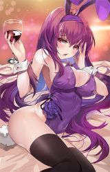 Rule 34 | 1girl, animal ears, bed, black thighhighs, breasts, cleavage, cup, damda, drinking glass, fake animal ears, fate/grand order, fate (series), large breasts, leotard, long hair, looking at viewer, lying, official alternate costume, on side, playboy bunny, purple hair, purple leotard, rabbit ears, rabbit tail, red eyes, scathach (fate), scathach (piercing bunny) (fate), solo, strapless, strapless leotard, tail, thighhighs, wine glass, wrist cuffs
