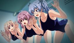 Rule 34 | 3girls, ahoge, bare shoulders, bent over, blonde hair, blue hair, breasts, brown eyes, covered erect nipples, gakuen de jikan yo tomare, glasses, groin, hair ornament, hair ribbon, ichinose yuka (gakuen de jikan yo tomare), kamisura risa, large breasts, leaning, leaning forward, long hair, multiple girls, open mouth, pink eyes, pink hair, purple eyes, ribbon, school swimsuit, shiny clothes, shiny skin, side ponytail, smile, sugai akari, swimsuit, time stop, twintails