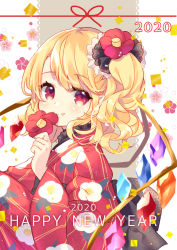 Rule 34 | 1girl, 2020, blonde hair, blush, commentary request, crystal, fang, fang out, flandre scarlet, floral print, flower, hair flower, hair ornament, happy new year, japanese clothes, kimono, long sleeves, looking at viewer, mimi (mimi puru), new year, no headwear, one side up, pointy ears, red eyes, red flower, red kimono, short hair, smile, solo, touhou, upper body, wide sleeves, wings