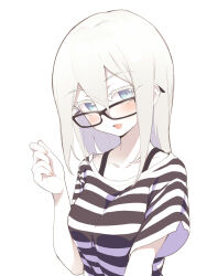 Rule 34 | 1girl, asutora, asutora-chan, black-framed eyewear, blue eyes, collarbone, commentary request, glasses, highres, looking at viewer, open mouth, original, shirt, smile, solo, striped clothes, striped shirt, upper body, white hair