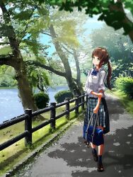 Rule 34 | 1girl, bag, bag charm, black skirt, blue bag, blue bow, blue bowtie, blue skirt, blue socks, bow, bowtie, brown footwear, brown hair, bush, charm (object), day, fence, full body, green eyes, highres, holding, holding bag, ichiha t, iwate prefecture, loafers, long hair, looking to the side, original, outdoors, park, pleated skirt, ponytail, road, shadow, shirt, shoes, skirt, sky, socks, solo, tree, two-tone skirt, walking, water, white shirt