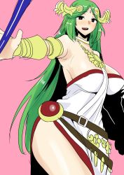 Rule 34 | 1girl, arched back, armlet, armpits, bare shoulders, belt, belt buckle, black eyes, blush, bracer, breasts, bright pupils, brown belt, buckle, cowboy shot, dress, green hair, hair ornament, hand up, highres, holding, huge breasts, jewelry, kid icarus, kurosu gatari, long hair, looking at viewer, medallion, neck ring, necklace, nintendo, open mouth, outstretched arm, palutena, parted bangs, pink background, side slit, sideboob, silhouette, simple background, solo, strapless, strapless dress, teeth, thighs, tiara, upper teeth only, very long hair, white dress, white pupils