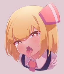 Rule 34 | 1girl, blonde hair, blush, cropped torso, foreshortening, grey background, hair between eyes, hair ribbon, heart, heart-shaped pupils, highres, medium hair, open mouth, oral invitation, oyatu potage, ribbon, rumia, saliva, short hair, simple background, solo, symbol-shaped pupils, teeth, tongue, tongue out, touhou, upper body, upper teeth only, vest