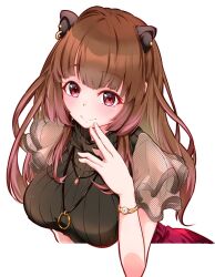 Rule 34 | 1girl, animal ear piercing, animal ears, black sweater, blunt bangs, blush, breasts, brown hair, capybara ears, capybara girl, closed mouth, commentary request, earrings, extra ears, futatsumuji, highres, jewelry, large breasts, long hair, looking at viewer, medium bangs, nanashi inc., pink eyes, red skirt, see-through, see-through sleeves, simple background, skirt, smile, solo, stud earrings, sweater, turtleneck, turtleneck sweater, upper body, vertical-striped sweater, virtual youtuber, watch, white background, wristwatch, yunohara izumi