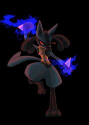 Rule 34 | 1other, absurdres, aura, black background, black fur, blue fur, body fur, creatures (company), dog, fighting stance, full body, furry, game freak, gen 4 pokemon, highres, lucario, nintendo, pokemon, pokemon (creature), red eyes, riotono 0643, simple background, solo, standing, standing on one leg, yellow fur