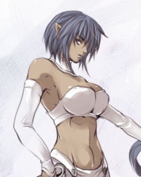 Rule 34 | 1girl, alternate hairstyle, arshes nei, ayase (hyoukyou), bastard!!, blue hair, bra, breasts, dark skin, dark-skinned female, detached collar, detached sleeves, large breasts, lowres, midriff, navel, pointy ears, solo, strapless, strapless bra, underwear