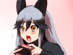 Rule 34 | 10s, 1girl, :o, animal ear fluff, animal ears, black hair, black sweater, blush, commentary request, fox ears, gradient background, grey hair, hair between eyes, isna (footprintsofisna), kemono friends, long hair, long sleeves, looking away, multicolored hair, open mouth, orange eyes, pink background, pointing, portrait, pregnancy test, silver fox (kemono friends), simple background, solo, sweater, turtleneck, turtleneck sweater