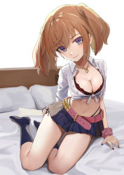 Rule 34 | 1girl, alice gear aegis, arm support, belt, black socks, blush, bra, breasts, brown hair, cleavage, collarbone, collared shirt, commentary request, crop top, highres, jewelry, kimikage yui, kneehighs, looking at viewer, medium breasts, nail polish, navel, necklace, on bed, pink belt, pleated skirt, purple eyes, scrunchie, shirt, sitting, skirt, smile, socks, solo, sunga2usagi, twintails, underwear, white shirt, wrist scrunchie