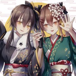 Rule 34 | 2girls, :3, alternate costume, black gloves, black kimono, black ribbon, brown eyes, brown hair, collarbone, commentary request, crossed bangs, eyebrows, fingerless gloves, fingernails, flower, fur-trimmed kimono, fur trim, girls&#039; frontline, gloves, green kimono, grey hair, hair flower, hair ornament, hair ribbon, hairpin, head tilt, highres, holding, holding hands, japanese clothes, kimono, kogarashi kon, long hair, long sleeves, multiple girls, obi, official alternate costume, open mouth, parted lips, ponytail, ribbon, sash, scar, scar across eye, scar on face, siblings, side ponytail, sidelocks, simple background, single glove, sisters, smile, traditional clothes, twintails, ump45 (girls&#039; frontline), ump45 (lonely traveler of eternity) (girls&#039; frontline), ump9 (girls&#039; frontline), ump9 (wayfarer of the profound) (girls&#039; frontline), upper body, waving, white background, wide sleeves, yellow eyes