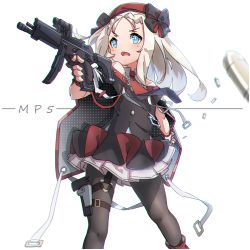 Rule 34 | 1girl, beret, black bow, black cape, black dress, black gloves, black pantyhose, blue eyes, blush, bow, bullet, cape, character name, commentary request, dress, fingerless gloves, forehead, girls&#039; frontline, gloves, gun, h&amp;k mp5, handgun, hat, highres, holding, holding gun, holding weapon, holster, kuro kosyou, long hair, looking away, looking to the side, mod3 (girls&#039; frontline), mp5 (girls&#039; frontline), mp5 (mod3) (girls&#039; frontline), name connection, necktie, object namesake, open mouth, pantyhose, parted bangs, pistol, pleated skirt, polka dot cape, red hat, red necktie, simple background, skirt, solo, submachine gun, thigh holster, unmoving pattern, v-shaped eyebrows, weapon, white background, white hair, white skirt