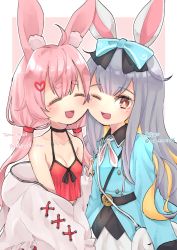 Rule 34 | 2girls, ahoge, animal ear fluff, animal ears, bag, belt, blue shirt, bow, breasts, brown eyes, camisole, character name, cheek-to-cheek, choker, cleavage, commentary request, crop top, closed eyes, grey hair, hair bow, hair ornament, hairclip, heads together, highres, himari song, indie virtual youtuber, jacket, long hair, low twintails, mao hinata, mochizuki himari, multiple girls, off shoulder, one eye closed, open mouth, pink hair, rabbit ears, red camisole, ribbon, shirt, skirt, small breasts, smile, tomari mari, tomari mari channel, twintails, upper body, virtual youtuber, white jacket, white skirt