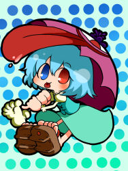 Rule 34 | 1girl, black outline, blue background, blue eyes, blue hair, blue skirt, blue vest, blush, chibi, closed mouth, commentary request, full body, geta, hair between eyes, heterochromia, highres, holding, holding umbrella, iwaserie, juliet sleeves, karakasa obake, long sleeves, looking at viewer, outline, polka dot, polka dot background, puffy sleeves, red eyes, shirt, short hair, skirt, smile, solo, tatara kogasa, toes, tongue, tongue out, touhou, umbrella, vest, white shirt