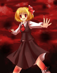 Rule 34 | 1girl, bad id, bad pixiv id, blonde hair, darkness, embodiment of scarlet devil, fang, female focus, hair ribbon, necktie, outstretched arms, red eyes, red necktie, ribbon, rumia, short hair, solo, spread arms, touhou, yukishiro mafuyu