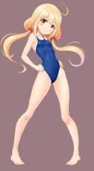 Rule 34 | 1girl, ahoge, bare legs, barefoot, blue one-piece swimsuit, blunt bangs, blush, breasts, brown background, closed mouth, contrapposto, full body, futaba anzu, gluteal fold, hands on own hips, head tilt, highres, idolmaster, idolmaster cinderella girls, legs apart, long hair, looking at viewer, low twintails, one-piece swimsuit, petite, sidelocks, simple background, small breasts, smile, solo, standing, swimsuit, taka (takahirokun), thighs, twintails