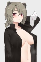 Rule 34 | 1girl, absinthe (arknights), alternate costume, animal ears, arknights, arm up, bear ears, black shirt, blush, breasts, brown hair, cleavage, collarbone, commentary request, covered erect nipples, grey background, hand in own hair, highres, kitorakito, large breasts, long sleeves, looking at viewer, low ponytail, naked shirt, navel, no bra, parted lips, red eyes, shirt, short hair, simple background, solo, speech bubble, steaming body, stomach, sweat, swept bangs, translation request, upper body