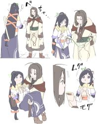 Rule 34 | 1boy, 1girl, absurdly long hair, absurdres, ahoge, ainu clothes, animal ears, annoyed, aquaplus, black hair, blue eyes, blush, boots, breasts, brown eyes, brown hair, carrying, carrying person, cat tail, chewing, coat, dress, eating, embarrassed, food, from above, from behind, from side, full body, hair ornament, haku (utawarerumono), highres, holding, kuon (utawarerumono), layered sleeves, long dress, long hair, long sleeves, looking at another, looking up, medium breasts, nadaru915, open mouth, ponytail, raised eyebrows, scarf, scroll, sidelocks, standing, sweatdrop, swept bangs, tail, utawarerumono, utawarerumono: itsuwari no kamen, very long hair, white tail, yellow scarf