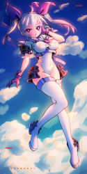 Rule 34 | 1girl, absurdres, ahoge, armor, artist name, blue sky, boots, bow, character request, cloud, cloudy sky, commentary request, copyright request, covered erect nipples, crop top, dated, day, floating armor, flying, frerl, full body, gloves, hair bow, hand on own cheek, hand on own face, highres, huge bow, leotard, leotard under clothes, lips, long hair, looking at viewer, open mouth, outdoors, pink eyes, sailor collar, sailor shirt, shirt, sky, solo, sunlight, taut clothes, taut leotard, thighhighs, thighs, twintails, white hair, white leotard, white thighhighs
