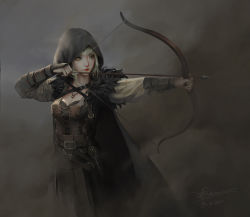 Rule 34 | 1girl, aiming, archery, arrow (projectile), bow (weapon), breasts, cleavage, closed mouth, dao trong le, dated, drawing bow, closed eyes, green eyes, highres, holding, holding bow (weapon), holding weapon, jewelry, long sleeves, medium breasts, necklace, no pupils, nose, original, quiver, red lips, short hair, solo, standing, weapon