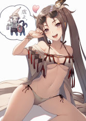 Rule 34 | 1boy, 1girl, bare shoulders, bikini, blush, breasts, brown eyes, brown hair, cleavage, earrings, eyewear on head, fate/grand order, fate (series), hair ornament, heart, jewelry, kyoeiki, long hair, looking at viewer, multiple earrings, navel, open clothes, open mouth, parted bangs, robe, smile, sunglasses, swimsuit, thighs, thought bubble, twintails, very long hair, white bikini, wrist wrap, xiang yu (fate), yu mei-ren (fate), yu mei-ren (swimsuit lancer) (fate)