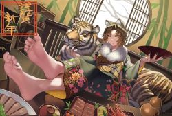 Rule 34 | 1girl, absurdres, alcohol, animal ears, barefoot, brown hair, feet, fur trim, highres, japanese clothes, looking at viewer, medium hair, open mouth, sake, soles, tiger, toes, yellow eyes