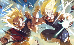 Rule 34 | 2boys, abs, anger vein, annoyed, aqua eyes, aura, battle, blonde hair, blood, blood from mouth, blurry, blurry background, clenched hand, clenched hands, clenched teeth, d:, dirty, dirty clothes, dirty face, dougi, dragon ball, dragonball z, electricity, energy ball, fighting, fighting stance, fingernails, frown, gloves, halo, head tilt, highres, looking at another, majin vegeta, male focus, multiple boys, muscular, open mouth, rock, shaded face, sharp teeth, sleeveless, son goku, spiked hair, super saiyan, super saiyan 2, sweat, sweatdrop, teeth, torn clothes, torn legwear, twitter username, vegeta, veins, virusmao db, white gloves, wristband