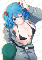 Rule 34 | 1girl, baseball cap, belt, black belt, black bra, blue hair, bra, breasts, cleavage, closed mouth, collarbone, commentary request, cowboy shot, green hat, grey jumpsuit, hair bobbles, hair ornament, hat, highres, holding, holding tool, holding wrench, jumpsuit, kawashiro nitori, large breasts, light blush, long sleeves, medium hair, necono (nyu6poko), one eye closed, puffy sleeves, simple background, smile, touhou, two side up, underwear, unworn hat, unworn headwear, unzipped, upper body, white background, wrench