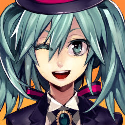 Rule 34 | 1girl, aqua eyes, aqua hair, bad id, bad pixiv id, hat, hatsune miku, kaiseki, miracle paint (vocaloid), one eye closed, open mouth, portrait, project diva, project diva (series), smile, solo, top hat, vocaloid, wink