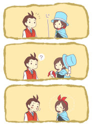 Rule 34 | 1boy, 1girl, 3koma, ?, ^ ^, ace attorney, antenna hair, apollo justice, apollo justice: ace attorney, blue hat, blue necktie, blush, brother and sister, brown hair, cape, closed eyes, comic, earrings, formal, gloves, hair ribbon, hat, head scarf, jewelry, magician, mimitab, necktie, red scarf, ribbon, scarf, short hair, siblings, silent comic, smile, spoken question mark, suit, top hat, trucy wright, vest, white gloves