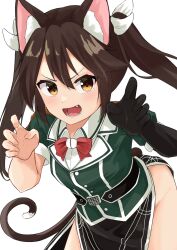 Rule 34 | animal ears, bow, bowtie, brown eyes, brown hair, cat ears, cat tail, curled fingers, elbow gloves, fang, gloves, green shirt, hair between eyes, hair ribbon, highres, kantai collection, leaning forward, long hair, osmium-76, pelvic curtain, red bow, red bowtie, ribbon, shirt, side slit, simple background, single elbow glove, tail, tone (kancolle), tone kai ni (kancolle), twintails, white background, white ribbon