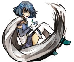 Rule 34 | 1girl, :d, @ @, blue eyes, blue hair, boots, cape, crazy eyes, crossover, danganronpa (series), female focus, full body, gloves, lochnessa, looking at viewer, magical girl, mahou shoujo madoka magica, mahou shoujo madoka magica (anime), matching hair/eyes, miki sayaka, open mouth, parody, short hair, simple background, skirt, smile, solo, soul gem, style parody, thighhighs, white background