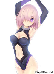 Rule 34 | 1girl, armpits, arms up, backlighting, bare shoulders, black gloves, black leotard, black thighhighs, blush, bodysuit, breasts, cameltoe, center opening, cleavage, cleavage cutout, clenched hand, closed mouth, clothing cutout, covered erect nipples, elbow gloves, fate/grand order, fate (series), from side, gloves, groin, hair over one eye, halterneck, hand on own head, head tilt, highleg, highleg leotard, impossible clothes, impossible leotard, jewelry, legs together, leotard, light purple hair, light smile, looking at viewer, lying, mash kyrielight, medium breasts, navel, navel cutout, neck ring, pink hair, purple eyes, purple gloves, shiny clothes, shiny skin, short hair, simple background, skin tight, solo, standing, stomach, suga hideo, thighhighs, twitter username, white background