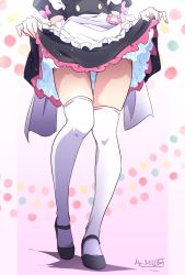 Rule 34 | 1girl, akiba maid sensou, apron, black dress, black footwear, bow, clothes lift, dated, dress, dress lift, frilled apron, frilled dress, frills, highres, legs, lifting own clothes, maid, mary janes, multicolored background, nii manabu, petticoat, pink bow, puffy short sleeves, puffy sleeves, shadow, shoes, short sleeves, signature, solo, standing, thighhighs, thighs, waist apron, white apron, white thighhighs, wrist cuffs
