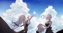 Rule 34 | 3girls, :d, age difference, albino, ambiguous gender, arm up, bad id, bad pixiv id, bare shoulders, black dress, blue sky, blush, breasts, blowing bubbles, buckle, cleavage, cloud, collarbone, commentary request, criss-cross halter, day, dress, floating hair, from side, halter dress, halterneck, hand on another&#039;s head, highres, holding, kisui (28992125), large breasts, long hair, looking up, medium breasts, multiple girls, open mouth, original, outdoors, outstretched hand, profile, red eyes, reflection, short hair, silver hair, sky, smile, soap bubbles, strapless, strapless dress, tareme, very long hair, wind