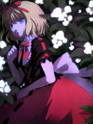 Rule 34 | 1girl, 74 (teduka), blonde hair, blouse, blue eyes, blunt bangs, bob cut, bow, bowtie, brown shirt, colored eyelashes, cowboy shot, dark, dress, eyelashes, face, female focus, flower, frilled shirt, frills, from below, glowing, hair ribbon, high collar, highres, lily of the valley, lying, medicine melancholy, night, on side, outdoors, plant, red bow, red bowtie, ribbon, ribbon-trimmed skirt, ribbon trim, shirt, short hair, solo, touhou
