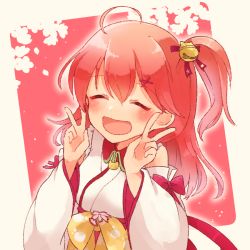 Rule 34 | 1girl, ahoge, bell, blush, closed eyes, detached sleeves, double v, hair bell, hair ornament, hairclip, hololive, long hair, open mouth, paw print, paw print pattern, pink hair, sakura miko, sakura miko (1st costume), solo, souffle sable, v, virtual youtuber, x hair ornament