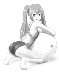 Rule 34 | 1girl, ass, ball, barefoot, competition swimsuit, exercise ball, feet, female focus, greyscale, hatsune miku, long hair, looking back, monochrome, monochrome, one-piece swimsuit, soles, solo, swimsuit, tk4, twintails, vocaloid