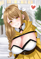 Rule 34 | 1girl, absurdres, belt, belt buckle, blush, braid, breasts, brown belt, brown hair, buckle, cleavage, commentary, dress, fire emblem, fire emblem engage, goldmary (fire emblem), grin, hair intakes, hair ornament, hair ribbon, heart, highres, large breasts, long hair, looking at viewer, nintendo, ribbon, rynn (darknescorez), shoulder pads, side braid, single shoulder pad, smile, solo, swept bangs, tree, two-tone dress, white dress, white ribbon, yellow dress, yellow eyes