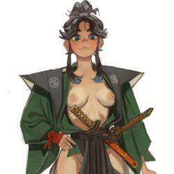Rule 34 | 1girl, :3, aqua eyes, black hair, black hakama, breasts, breasts out, cowboy shot, green kimono, grey background, groin, hakama, hand on own hip, highres, hip vent, japanese clothes, kataginu, katana, kimono, knights of the wandering castle, lady kitakaze no shodan, looking at viewer, medium breasts, mossacannibalis, nipples, no panties, open clothes, open kimono, samurai, short hair with long locks, short ponytail, smile, solo, sword, weapon, wrist wrap