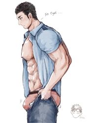 Rule 34 | 2boys, abs, alternate pectoral size, ass, bara, bare pectorals, blush, bouncing ass, bouncing bulge, bulge, bulge lift, character request, chibi, chibi inset, denim, dressing, embarrassed, english text, feet out of frame, from side, haikyuu!!, highres, jeans, large pectorals, long sideburns, male focus, male underwear, meiji (meiji nsfw), meme, motion lines, multiple boys, muscular, muscular male, never seen a guy recreate this (meme), nipples, official alternate costume, open clothes, open pants, open shirt, pants, pants lift, pectorals, police, police uniform, red male underwear, sawamura daichi, short hair, sideburns, standing, stomach, undersized clothes, underwear, uniform, veins, veiny arms, yaoi
