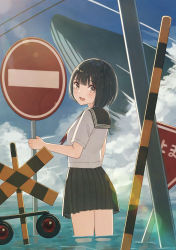 Rule 34 | 1girl, :d, bad id, bad pixiv id, black hair, black sailor collar, black skirt, blue sky, blunt bangs, blush, bob cut, brown eyes, cloud, commentary request, contrail, day, highres, japanese stop sign, lens flare, looking at viewer, looking back, miniskirt, no entry sign, ocean, open mouth, original, outdoors, pleated skirt, road sign, sailor collar, school uniform, serafuku, shirt, short hair, short sleeves, sign, skirt, sky, smile, solo, splashing, stop sign, sunlight, tanbonota46, wading, water, whale, white shirt