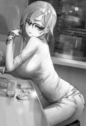 Rule 34 | 1girl, alcohol, ashtray, beer mug, bracelet, breasts, building, cigarette, cup, earrings, from side, glass, glasses, greyscale, hiragana oufu, indoors, jewelry, large breasts, light frown, lighter, looking away, mole, mole under mouth, monochrome, moon, mug, nose, original, pants, rain, shirt, short hair, sitting, smoke, smoking, solo, stool, thick eyebrows, watch, water drop, window, wristband