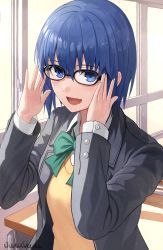 Rule 34 | 1girl, adjusting eyewear, black-framed eyewear, black jacket, blue eyes, blue hair, blush, bow, bowtie, buttons, ciel (tsukihime), collared shirt, commentary request, desk, glasses, green bow, green bowtie, hair between eyes, highres, indoors, jacket, junshiki, long sleeves, looking at viewer, open clothes, open jacket, open mouth, school uniform, shirt, short hair, signature, smile, solo, tongue, tsukihime, tsukihime (remake), uniform, upper body, vest, white shirt, window, yellow vest