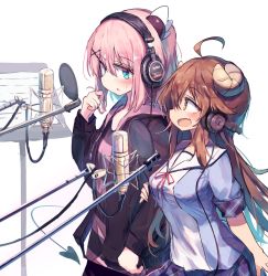 Rule 34 | 2girls, ahoge, beize (garbage), blush, brown eyes, brown hair, chiyoda momo, commentary request, demon girl, demon horns, demon tail, hair ornament, hairclip, headphones, highres, horns, long hair, machikado mazoku, microphone, microphone stand, multiple girls, open mouth, pink hair, playing with own hair, recording studio, school uniform, short hair, simple background, skirt, smile, studio microphone, sweat, tail, white background, yoshida yuuko (machikado mazoku)
