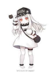 Rule 34 | 1girl, abyssal ship, anklet, barefoot, baseball cap, black hat, blush, bracelet, closed mouth, collar, colored skin, dress, enemy aircraft (kancolle), full body, hand on headwear, hand up, hat, jewelry, kantai collection, long hair, looking at viewer, mittens, northern ocean princess, orange eyes, pigeon-toed, simple background, sleeveless, sleeveless dress, solo, standing, tamaxi, weibo watermark, white background, white dress, white hair, white mittens, white skin
