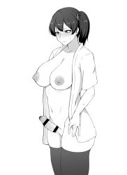 Rule 34 | 1futa, absurdres, blouse, blush, breasts, cleft of venus, embarrassed, erection, foreskin, futanari, hair ribbon, highres, kaga (kancolle), kantai collection, large breasts, nipples, no testicles, open clothes, open shirt, penis, phimosis, pussy, ribbon, shirt, side ponytail, solo, sweat, takaman (gaffe), thighhighs, veins, veiny penis
