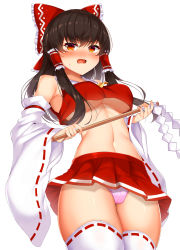 Rule 34 | 1girl, bare shoulders, black hair, blush, bow, breasts, commentary request, cowboy shot, crop top, daichi (tokoya), detached sleeves, gohei, hair bow, hakurei reimu, highres, holding, large breasts, long hair, long sleeves, looking at viewer, midriff, miniskirt, navel, nose blush, open mouth, orange eyes, panties, pantyshot, pink panties, pleated skirt, red bow, red shirt, red skirt, ribbon-trimmed thighhighs, ribbon trim, shirt, simple background, skirt, skirt set, solo, standing, stomach, thighhighs, thighs, touhou, underboob, underwear, white background, white thighhighs, wide sleeves