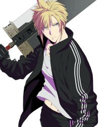 Rule 34 | 1boy, abs, alternate costume, black gloves, black pants, blonde hair, blue eyes, buster sword, cloud strife, final fantasy, final fantasy vii, final fantasy vii remake, gloves, hair between eyes, jacket, kyoujixxxx, looking to the side, male focus, midriff peek, navel, over shoulder, pants, shirt, short hair, simple background, solo, spiked hair, square enix, track jacket, upper body, weapon, weapon over shoulder, white shirt