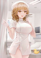 Rule 34 | 1girl, absurdres, artist name, bed, blonde hair, blush, breasts, chowbie, commentary, english commentary, eyelashes, gloves, hat, highres, hospital bed, intravenous drip, large breasts, light, looking at viewer, medium hair, monitor, nurse, nurse cap, open mouth, original, panties, pillow, round teeth, rubber duck, side slit, speculum, teeth, underwear, white gloves, white panties, window, yellow eyes