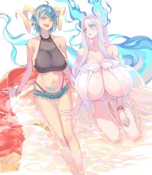 Rule 34 | 2girls, aqua nails, blush, breasts, check copyright, cleavage, collarbone, colored eyelashes, copyright request, denim, denim shorts, fangs, gigantic breasts, highres, horns, large breasts, micro shorts, mila (yuta27315), multiple girls, navel, open mouth, original, parted lips, pointy ears, shorts, simple background, sitting, stomach tattoo, tattoo, water, white background, yellow eyes